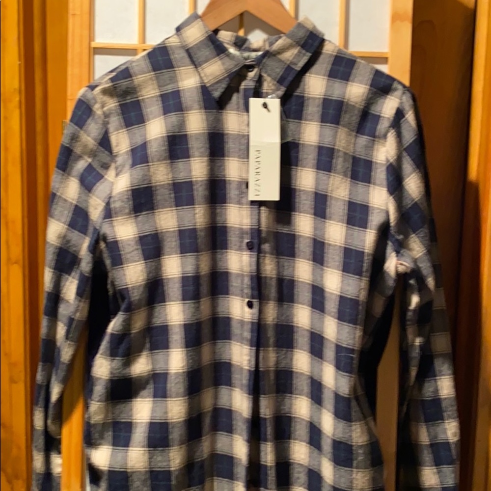 Plaid cotton shirt.  Design on back